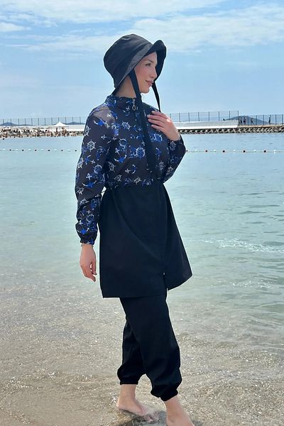 Tesettür Diyarı Women's Zippered Waist Drawstring Parachute Fabric Hijab Swimsuit - Blue