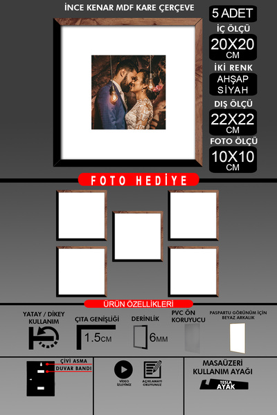 yhfoto 5Pcs 20X20 Frame - Thin Slatted Frame - 2 Colors Wood Black - Square Frame Photo Frame