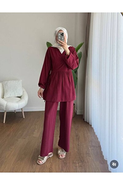 Bahar Altundemir بدلة نسائية صيفية كبيرة الحجم برباط مزدوج باللون العنابي، بد...