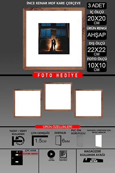 Bytwo 3 Pieces 20X20 Frame - Thin Slatted Frame - Wooden Frame - Square Frame - Photo Frame