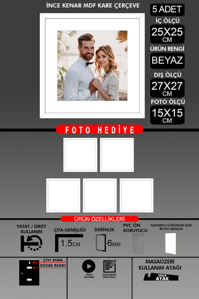 bymat 5 Pieces 25X25 Frame - Thin Slatted Frame - White Frame - Square Frame - Photo Frame