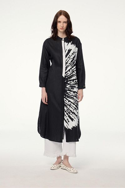 Zühre Judge Collar Patterned Long Black Tunic T-1584