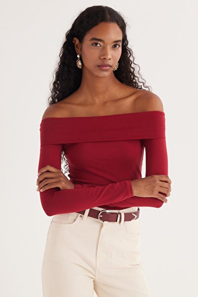 Tudors Women's Slim Fit Slim Fit Long Sleeve Boat Neck Burgundy Blouse