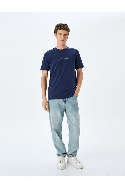Koton Cotton Crew Neck Short Sleeve Slim Fit Slogan Printed T-Shirt