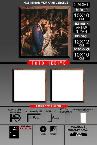 Bytwo 2Pcs 10X10 Frame - Fine Slatted Frame - 2 Colors Wood Black - Square Frame Photo Frame