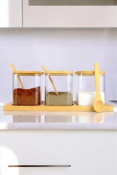 AC BOX Set of 3 Borosilicate Thin Glass Spice Jar Set with Wooden Stand Brown – F/