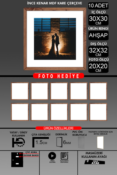 yhfoto 10 Pieces 30X30 Frame - Thin Slatted Frame - Wooden Frame - Square Frame - Photo Frame