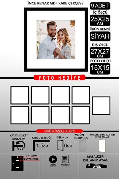 bymat 9 Pieces 25X25 Frame - Fine Slatted Frame - Black Frame - Square Frame - Photo Frame