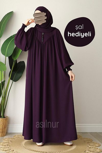ASİLNUR Elif Ferace Shawl Gift Suit Plum