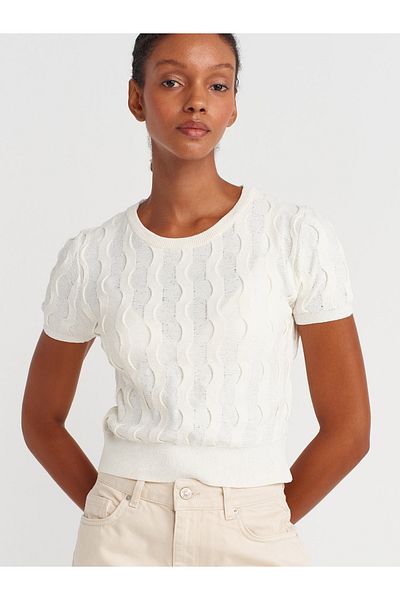 Dilvin 10788 Crew Neck Textured Knitwear Blouse-White