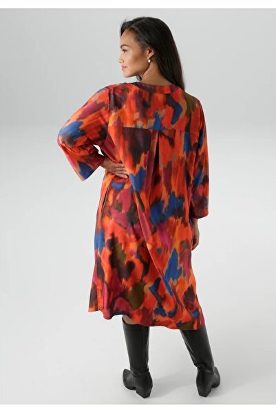 Şans Γυναικείο Φόρεμα Βισκόζης σε Μεγάλο Μέγεθος, Χρώμα, Λαιμόκοψη V, Μανίκια Truvakuar με κάμψη 65N39034