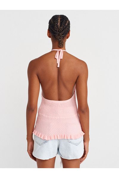 Dilvin 10796 Halter Tie Collar Ruffle Textured Knitwear Blouse-Light Pink