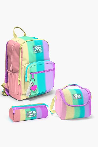 Coral High Set de 3 genți de școală cu model în dungi colorate Geantă primară pentru fete