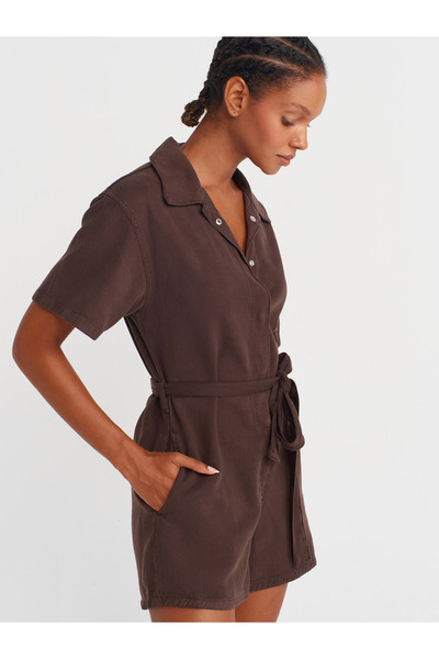 Dilvin 72028 Κοντή τζιν φόρμα με κρυφό κούμπωμα-Καφέ