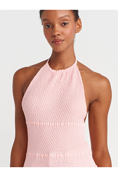 Dilvin 10796 Halter Tie Collar Ruffle Textured Knitwear Blouse-Light Pink