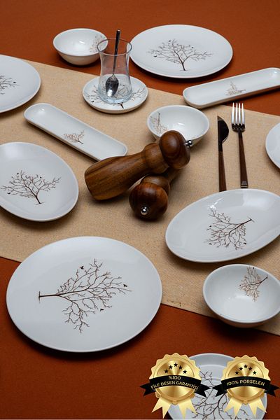 Heda Porselen Tree of Life 16 Piece Porcelain Breakfast Set for 6 People
