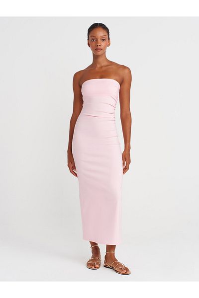 Dilvin 91368 Strapless Midi Dress-Powder Pink