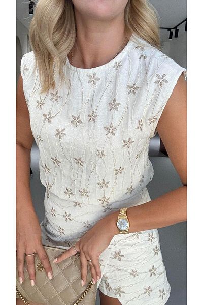 Sezgi Tekin Mink Embroidery Detail Natural Linen Buluz