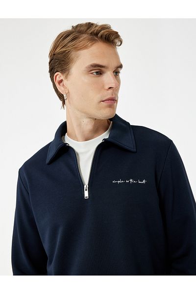 Koton Embroidered Long Sleeve Half Zip Polo Neck Sweatshirt