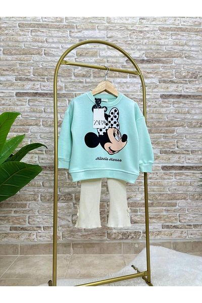 Magu Girl's Cotton Mint Sweatshirt and Ecru Corduroy Trousers Set - Ribbon Detail