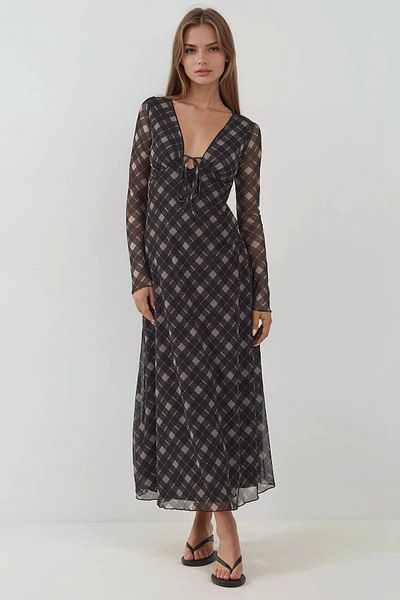 Hiccup Deep V-Neck Stripe Detail Tie Front Plaid Print Tulle Midi Dress