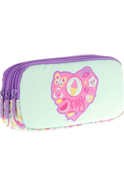 KAUKKO مقلمة مدرسية للأطفال بثلاثة أقسام باللون الأرجواني الفيروزي، مطبوعة با...