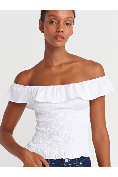 Dilvin 31902 Volană fără umeri Top-Alb