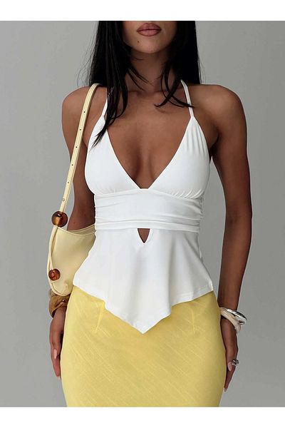 fablair V-Neck Tie-Up Draped White Blouse
