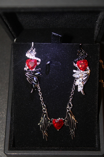 Mournbelle Kanatlı Taşlı Kalp Detaylı Küpe ve Kolye Takım