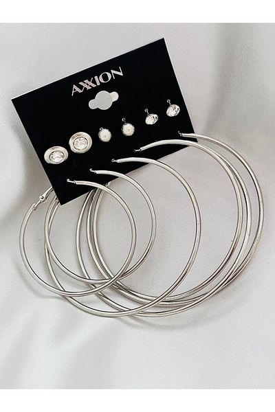 COCOSH TAKI Silver Color Big Ring 6 Pcs Multi Ring Earrings Set