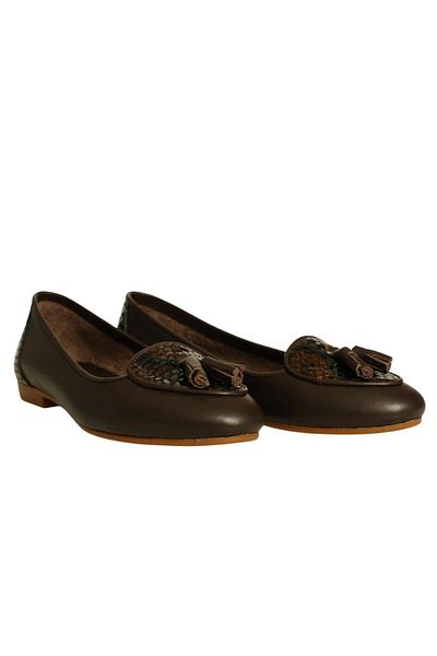 Platin Brown Leather Tasseled Women's Ballerinas