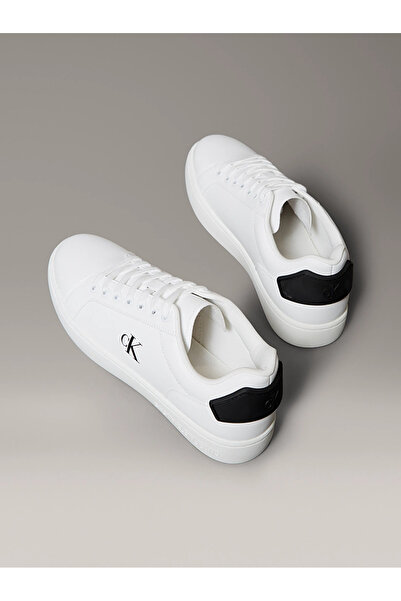 Calvin Klein Erkek Rahat Düz Taban Pürüzsüz Deri Beyaz Sneaker YM0YM01297-01W
