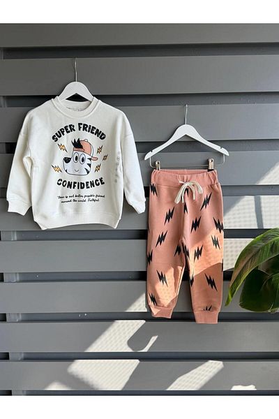Magu Boys' Cotton Ecru Dog Printed Sweatshirt and Orange Patterned Tracksuit Set