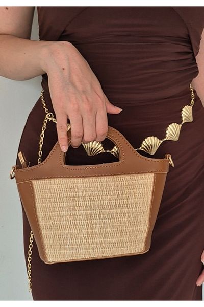 İzel Çakran Women's Tan Leather Detailed Mini Summer Straw Hand & Shoulder Bag - Daily Crossbody Bag
