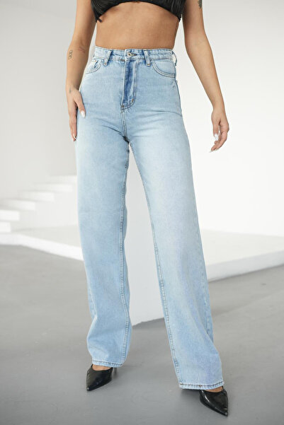 Denim Republic جينز نسائي باللون الأزرق الجليدي كامل الطول وخصر عالي