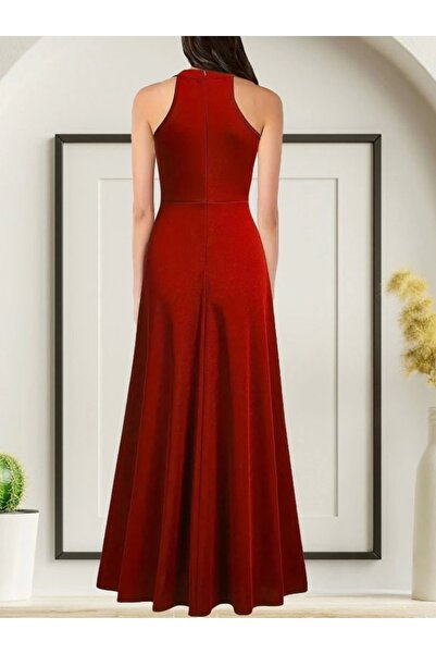 Genel Markalar Kadınhalter Yaka Derin Yırtmaç Detaylı Tam Boy Ithal Krep Abiye Elbise
