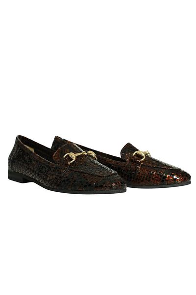 Platin Brown Black Leather Women's Buckle Ballerinas