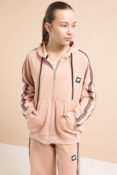Cansın Mini Beige Lace Striped Cardigan Girl's 2-Piece Tracksuit Set 21247