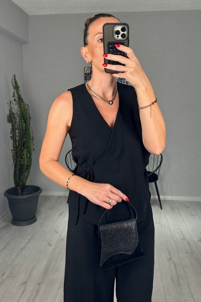 lady special Ayrobin Kruvaze Bağlamalı Bluz Pantolon Takım