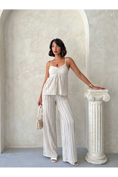 BUTİK1AVM Premium Quality Women's Strap Buluz Pants Bottom Top Set with Stripe Detail