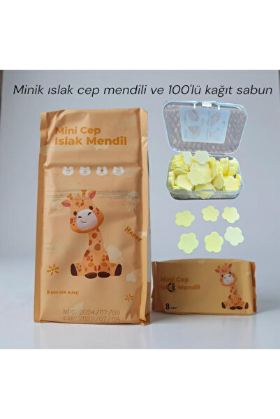 EMPA A V M 1 paket Mini ıslak mendil, 9 paket mini cep mendili ve 100' lü Minik kağıt sabun 3 lü set