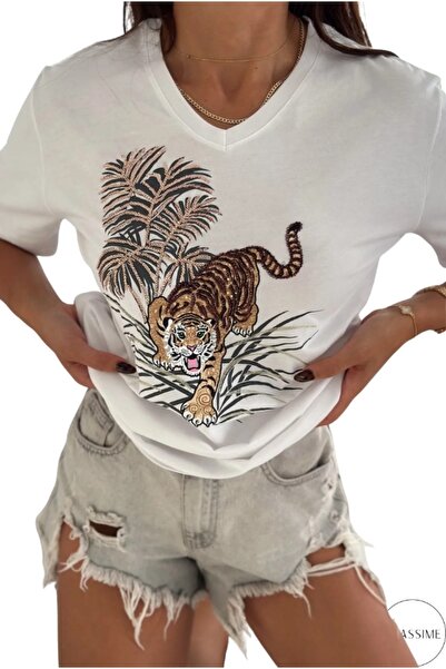 Cassime Women's White V-Neck Leopard Sequin Sequin Embroidered 100% Cotton Plus Size T-Shirt