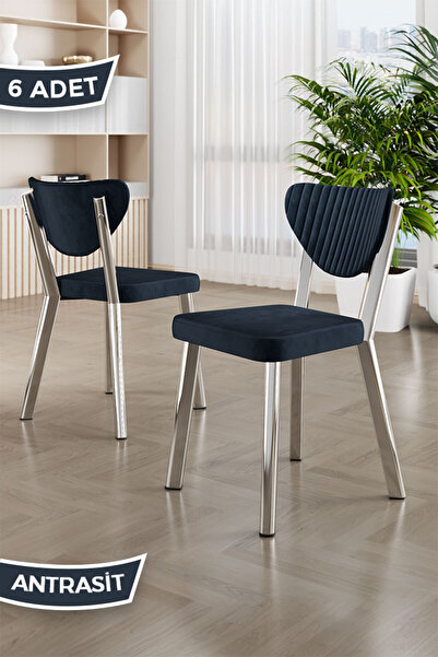 Canisa Arfe Serisi 6 Adet Antrasit Mutfak Sandalyesi Krom Kaplama Metal Ayak ...