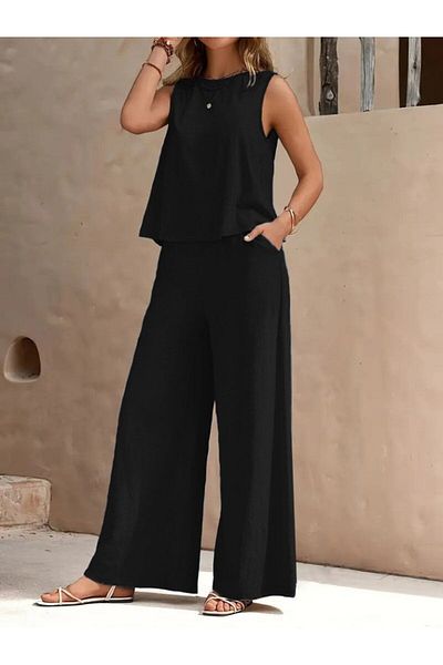 Modayakamoz New Season Women's Zero Sleeve Crew Neck Aerobin Blouse and Trousers Two-Piece Set