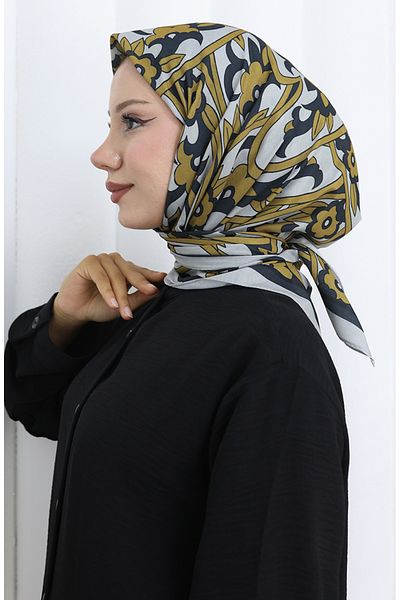 sefamerve Patterned Soft Scarf 90202-07 Gray Mustard