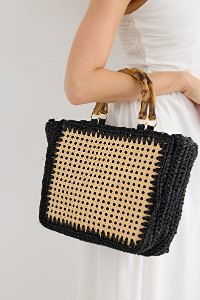 EMNORA Hazeranlı Hasır Çanta Siyah