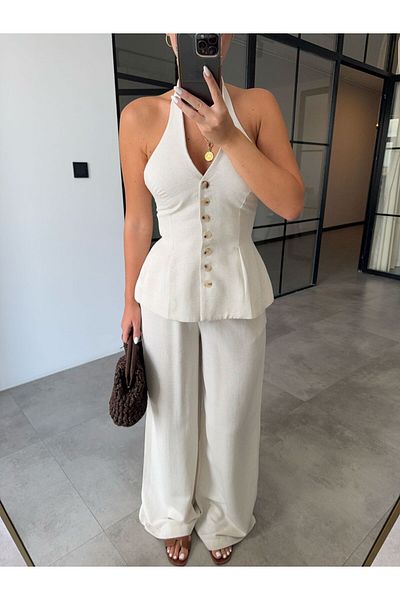 BB Bensu Buyruk Necklace Vest Pants Natural Linen Set