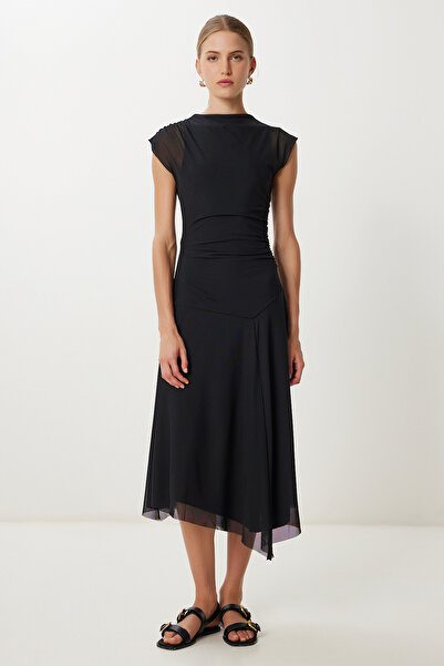 Lovelyİstanbul Draped Stretch Midi Tulle Dress Lub0173 Black