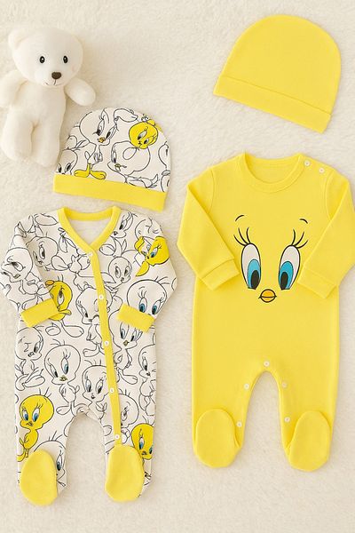İZYALİF BABY Chick 2-Piece Jumpsuit Set 4-Piece Newborn Outfit with Hat Organic Cotton
