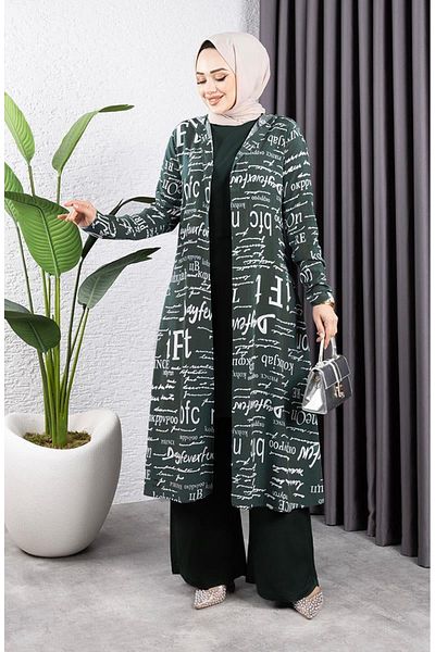 sefamerve Set Hijab scris 3 piese 4012-06 Verde smarald